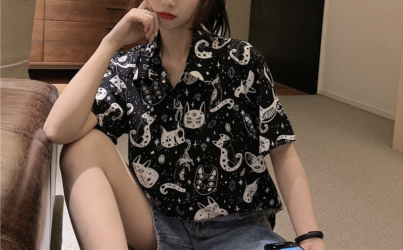 Short Sleeves Chic Spaces Cat Shirt Cats CHIFFON Dancing Cats Prints Shirt BLOUSE Soft