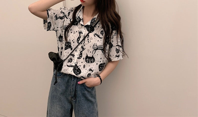 Short Sleeves Chic Spaces Cat Shirt Cats CHIFFON Dancing Cats Prints Shirt BLOUSE Soft