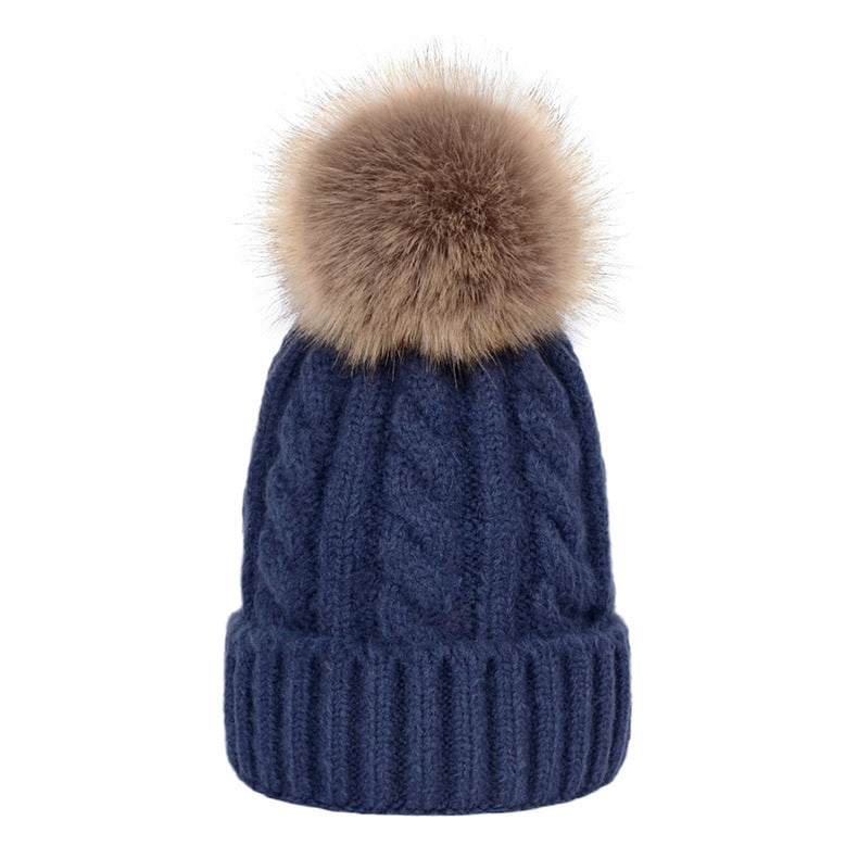 Womens Kids Ladies Knitted Winter Beanie Hat Large Faux Fur Detachable Pom pom