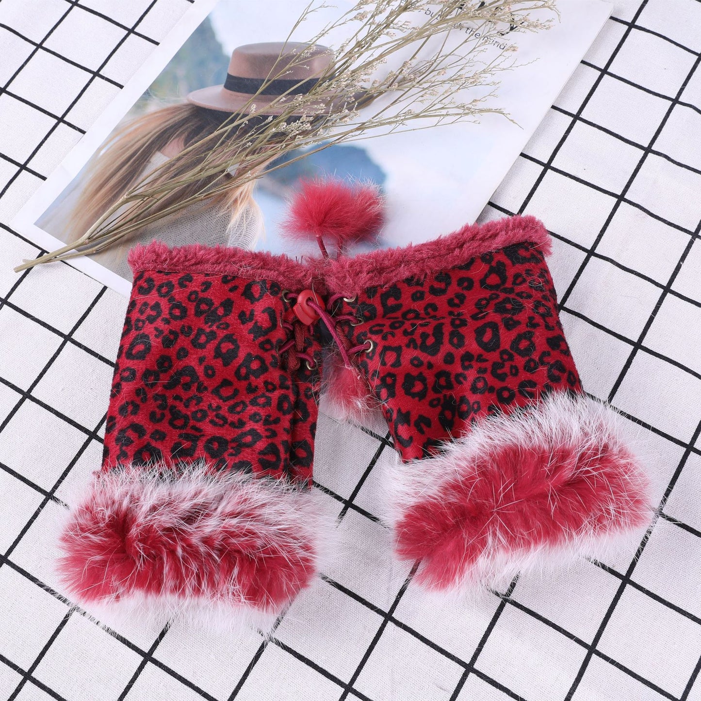 Leopard Women Winter Fingerless Suede Fur Gloves Mittens Soft Warm Fleece Lined UK