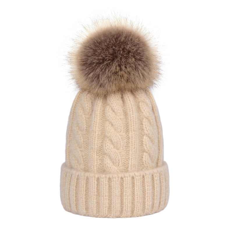 Womens Kids Ladies Knitted Winter Beanie Hat Large Faux Fur Detachable Pom pom