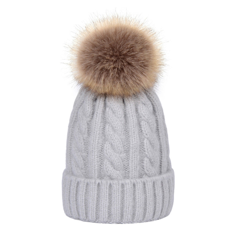 Womens Kids Ladies Knitted Winter Beanie Hat Large Faux Fur Detachable Pom pom