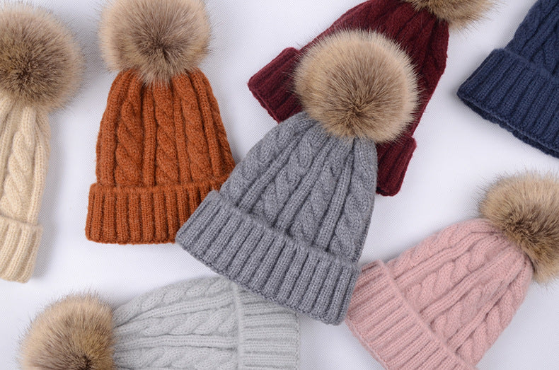 Womens Kids Ladies Knitted Winter Beanie Hat Large Faux Fur Detachable Pom pom