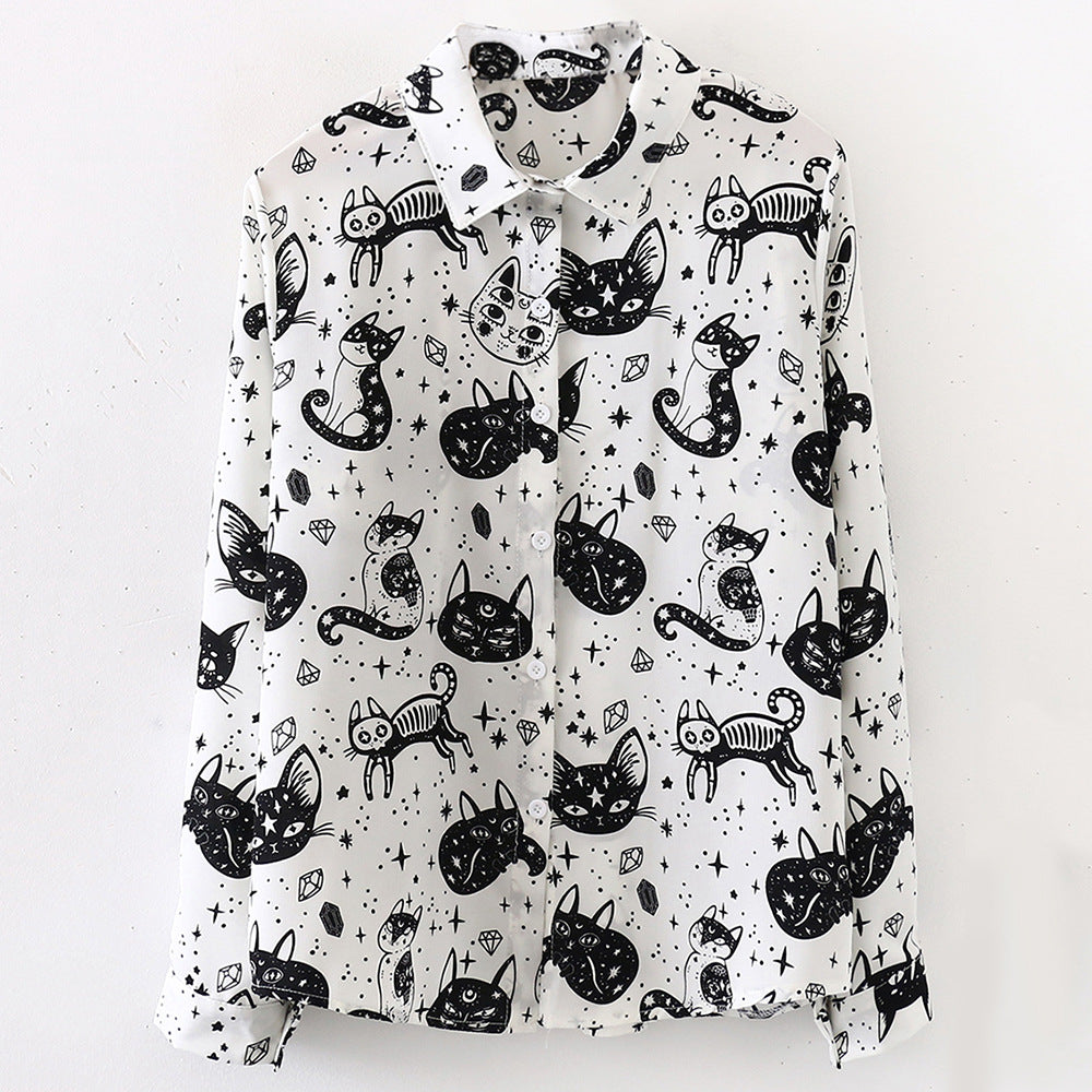 Long Sleeves Chic Spaces Cat Shirt Cats CHIFFON Dancing Cats Prints Shirt BLOUSE Soft UK