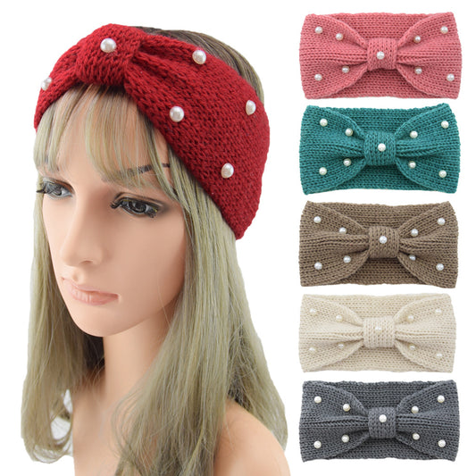 Pearl Twisted Knotted Knitted Braids Wide Headband Head Wrap Elastic Wool Ear Hairband Turban