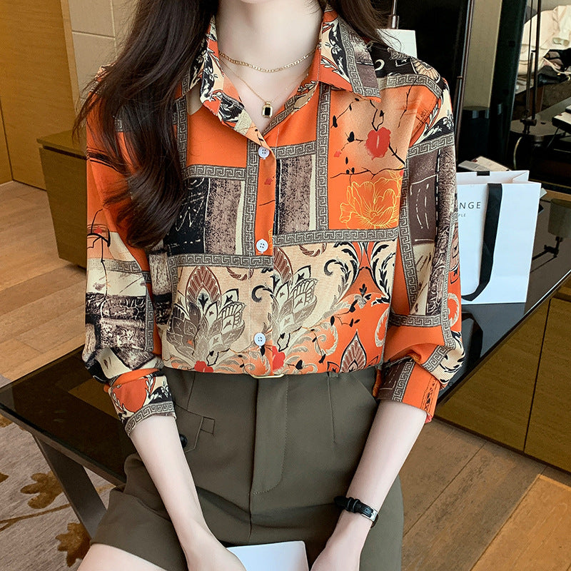Orange Floral Vintage Prints Satin Soft Silky Shirt