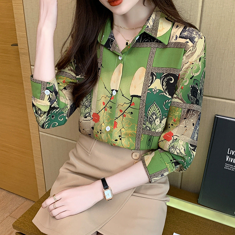 Green Floral Vintage Prints Satin Soft Silky Shirt