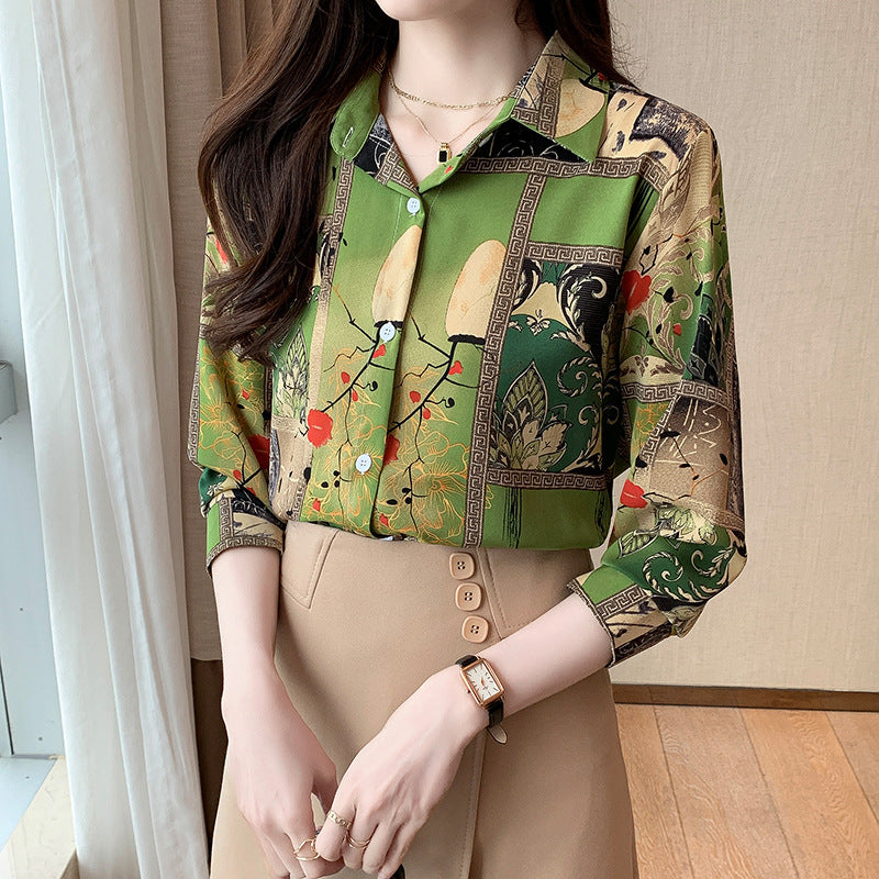 Green Floral Vintage Prints Satin Soft Silky Shirt