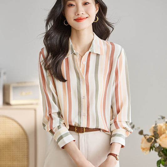 Cream Stripes Vintage Prints Satin Soft Silky Shirt