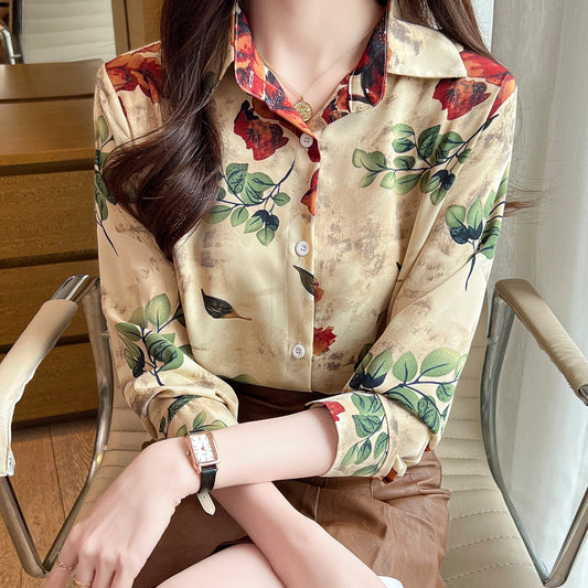 Cream Floral Vintage Prints Satin Soft Silky Shirt