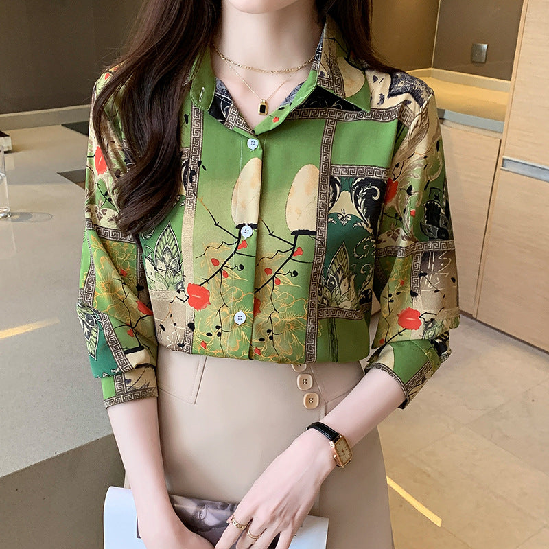 Green Floral Vintage Prints Satin Soft Silky Shirt