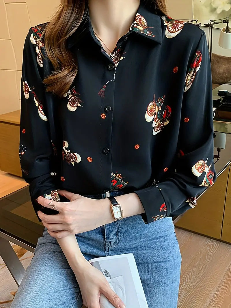 Black Carriage Vintage Style Print Satin Shirt Soft Silky Shirt