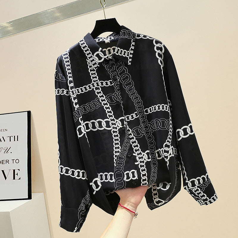 White Chain Vintage Style Print Satin Shirt Soft Silky Shirt