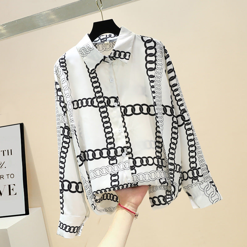 White Chain Vintage Style Print Satin Shirt Soft Silky Shirt