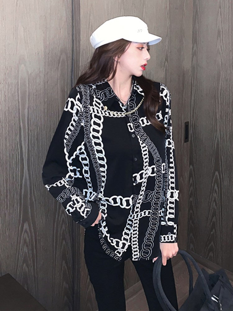 White Chain Vintage Style Print Satin Shirt Soft Silky Shirt