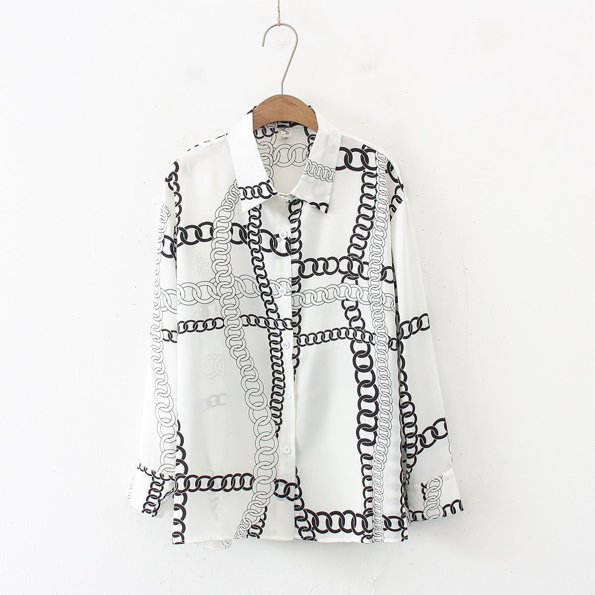 White Chain Vintage Style Print Satin Shirt Soft Silky Shirt