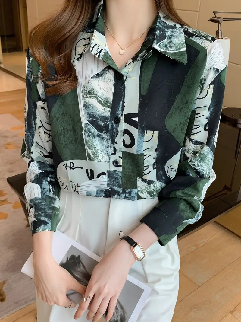 Geometric Letters Print Satin Shirt Soft Silky Blouse