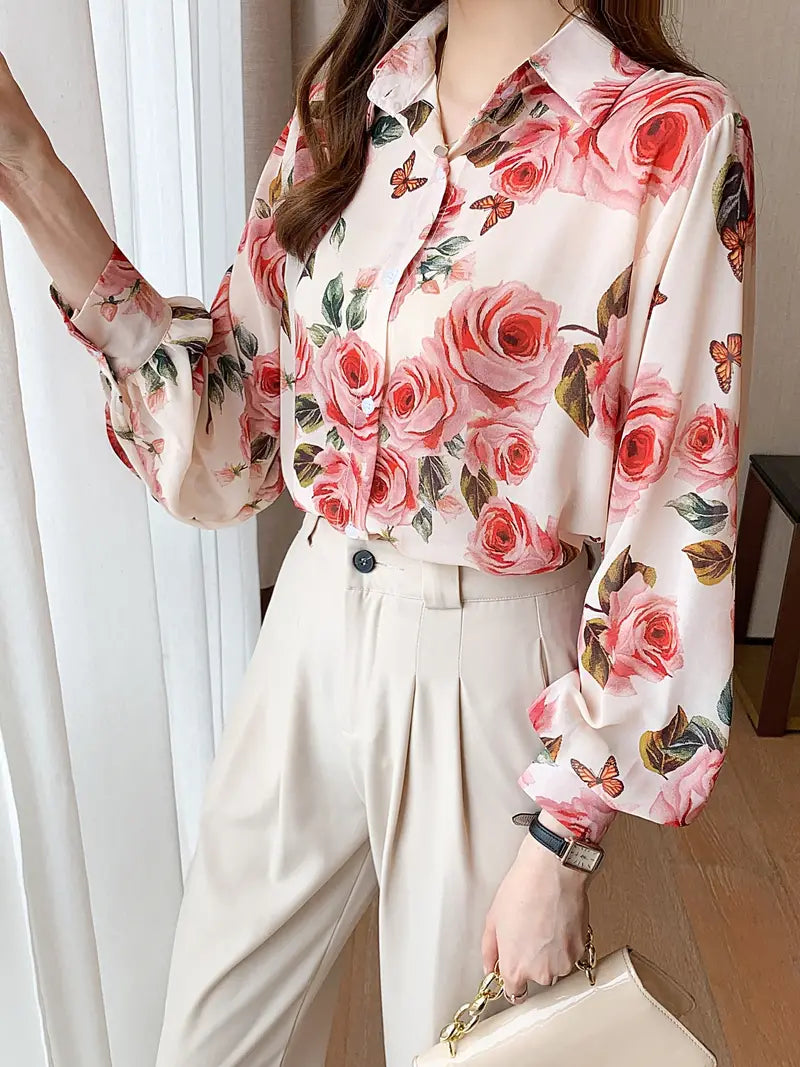 Roses Semi Transparent Vintage Style Satin Soft Silky Shirt