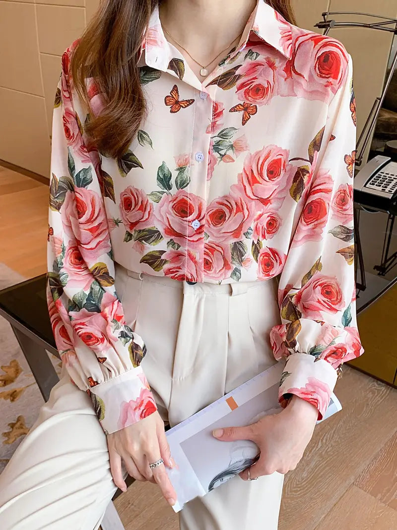 Roses Semi Transparent Vintage Style Satin Soft Silky Shirt