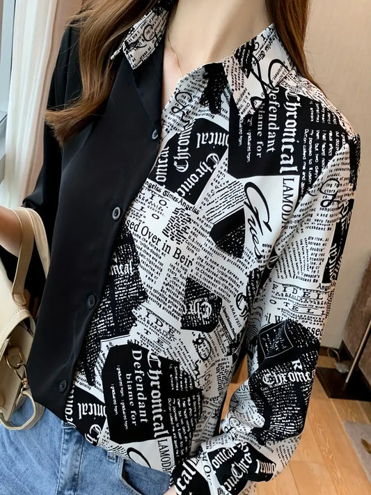 Black White Newspaper Joint Vintage Style Satin Soft Silky Shirt