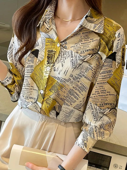 Silky Soft Newspaper print Chiffon Satin Shirt Soft Blouse