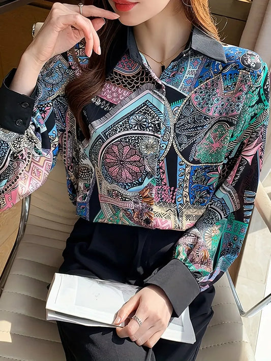 Ethnic Pink Blue Vintage Style Satin Soft Silky Shirt Black Collar