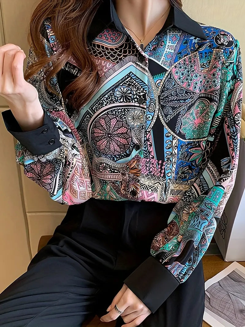 Ethnic Pink Blue Vintage Style Satin Soft Silky Shirt Black Collar