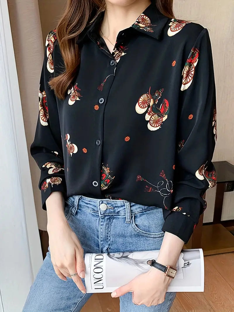 Black Carriage Vintage Style Print Satin Shirt Soft Silky Shirt