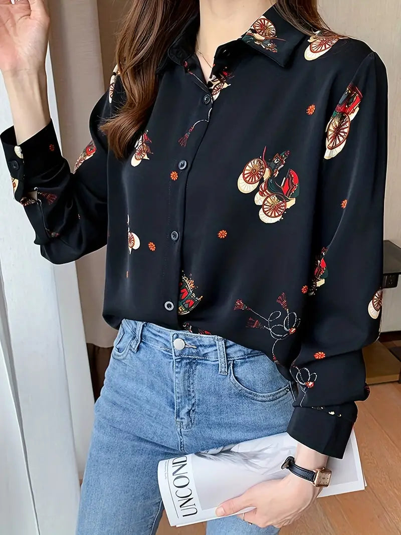 Black Carriage Vintage Style Print Satin Shirt Soft Silky Shirt