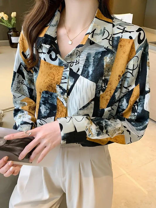 Geometric Letters Print Satin Shirt Soft Silky Blouse