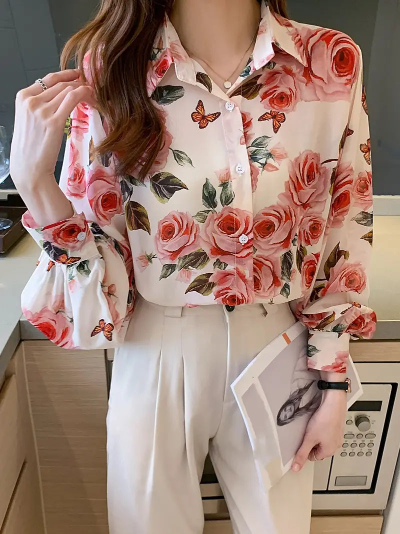 Roses Semi Transparent Vintage Style Satin Soft Silky Shirt