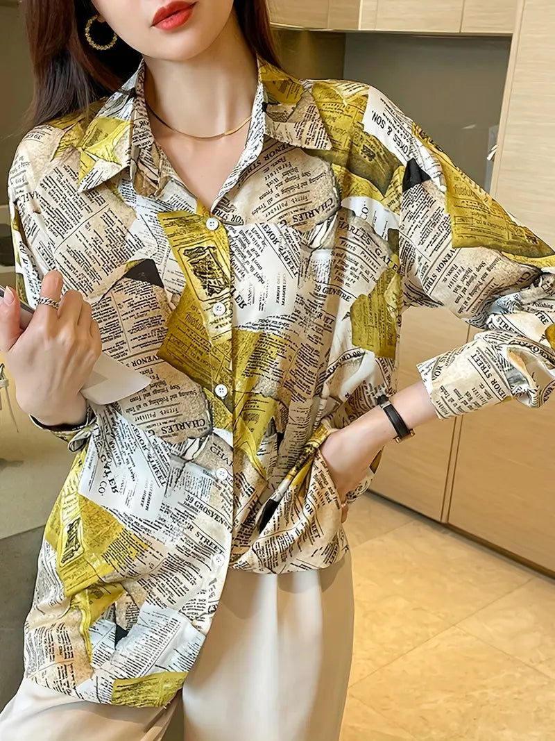 Silky Soft Newspaper print Chiffon Satin Shirt Soft Blouse