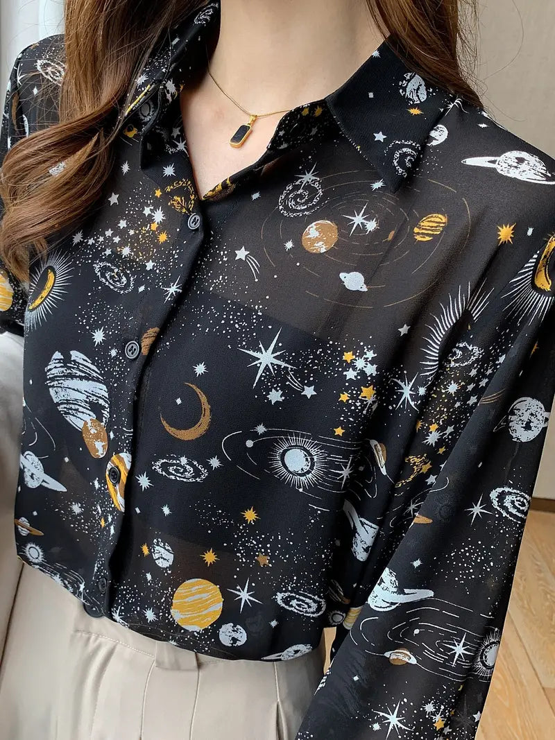 Black Space Galaxy Semi Transparent Vintage Style Satin Soft Silky Shirt