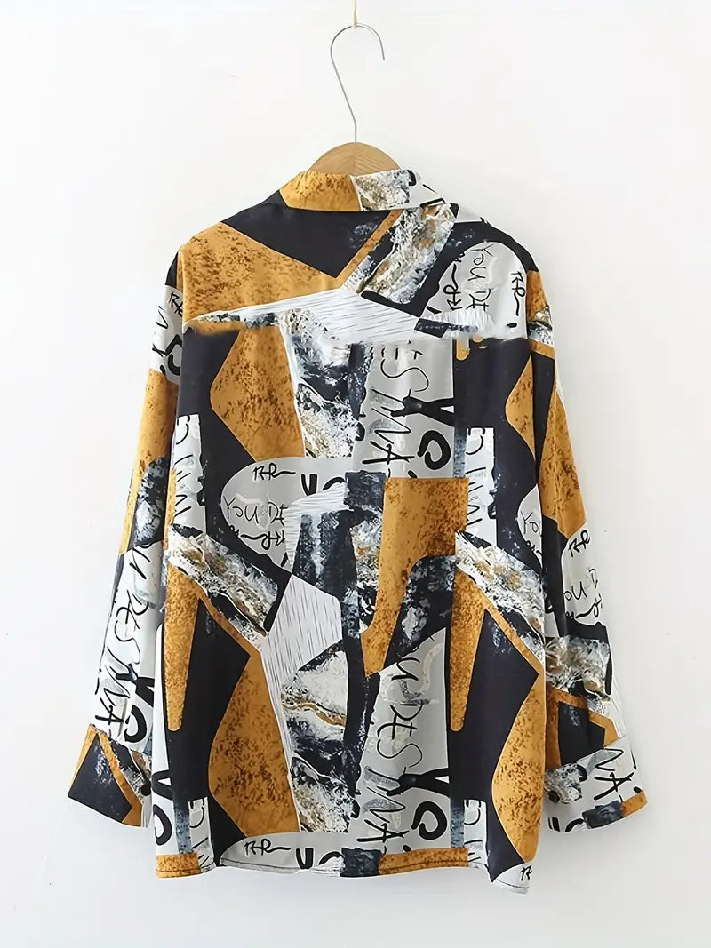 Geometric Letters Print Satin Shirt Soft Silky Blouse