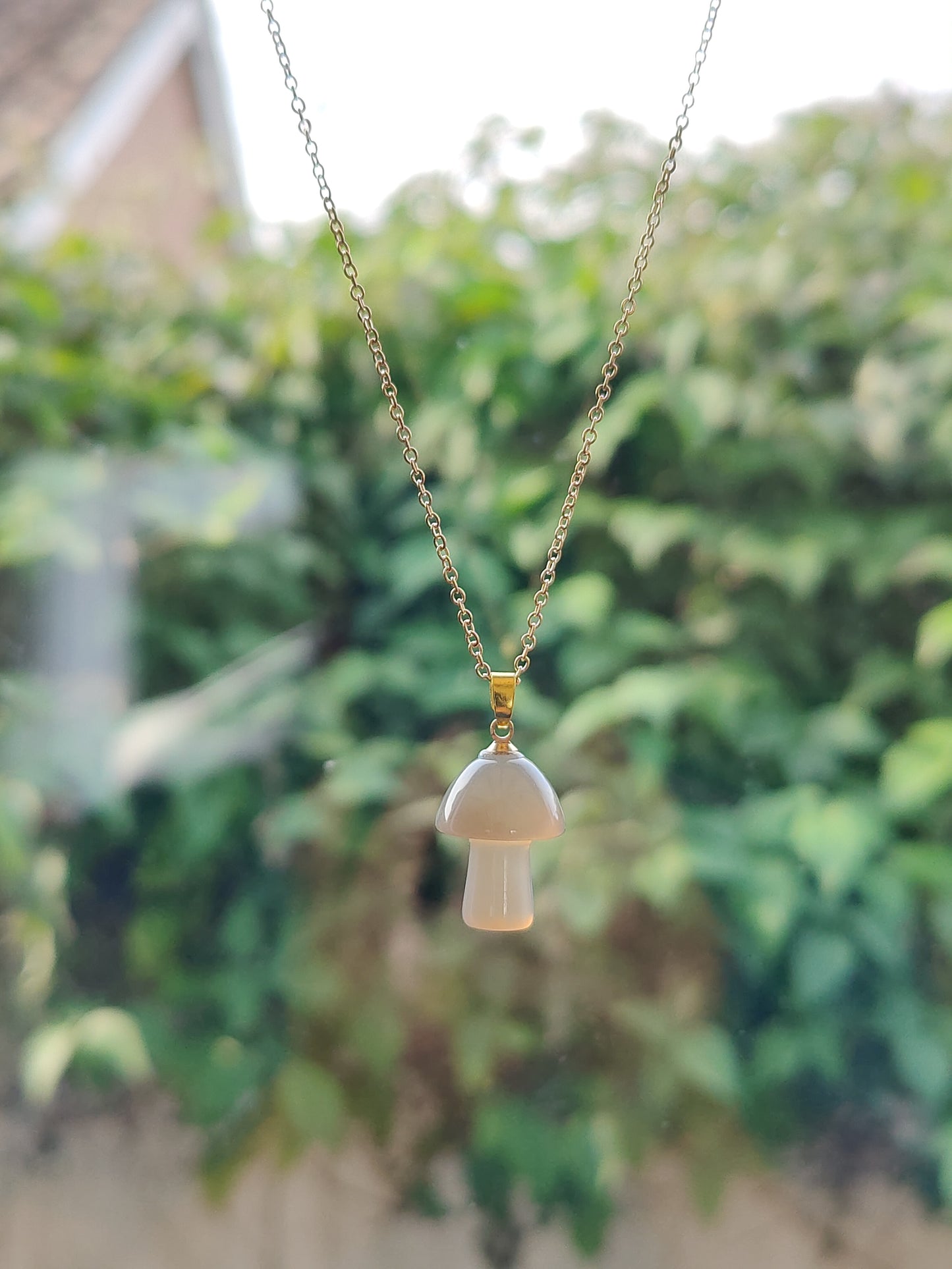 Gold Chain Jade Rhodonite Polished Mushroom Natural Crystal Stone Necklace Pendant Funky Cute Polished Chakra Stone