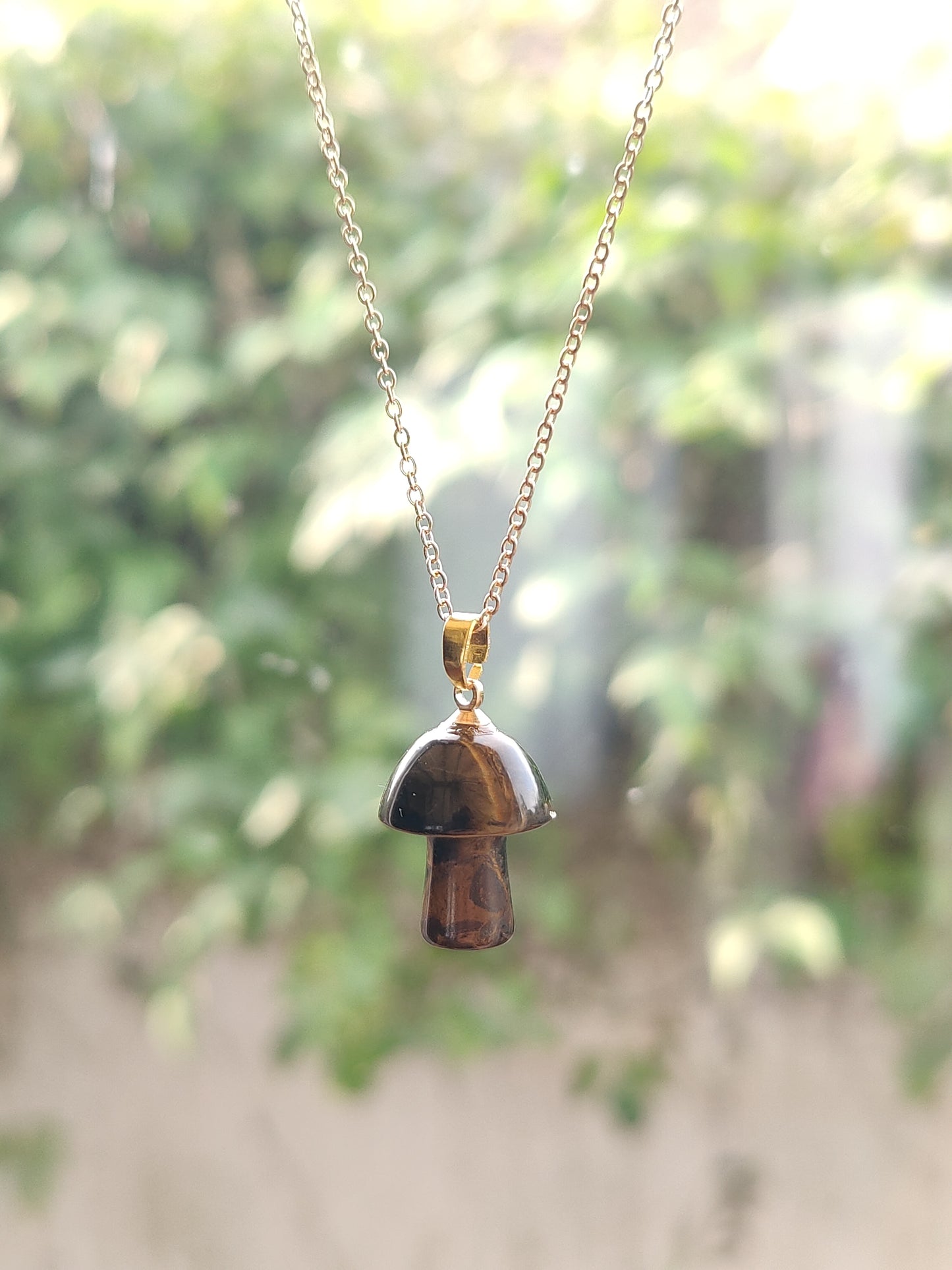 Gold Chain Jade Rhodonite Polished Mushroom Natural Crystal Stone Necklace Pendant Funky Cute Polished Chakra Stone