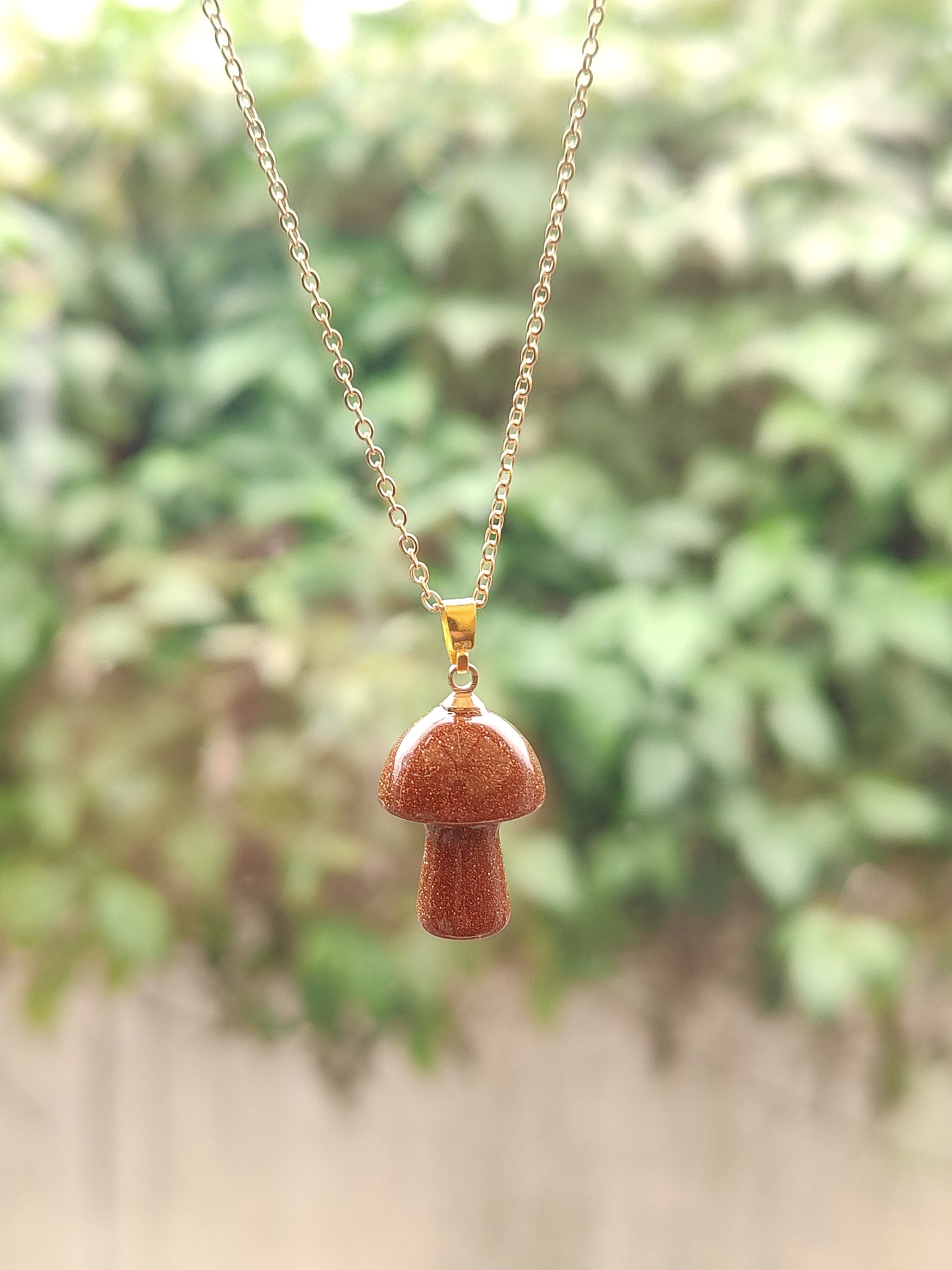 Gold Chain Jade Rhodonite Polished Mushroom Natural Crystal Stone Necklace Pendant Funky Cute Polished Chakra Stone