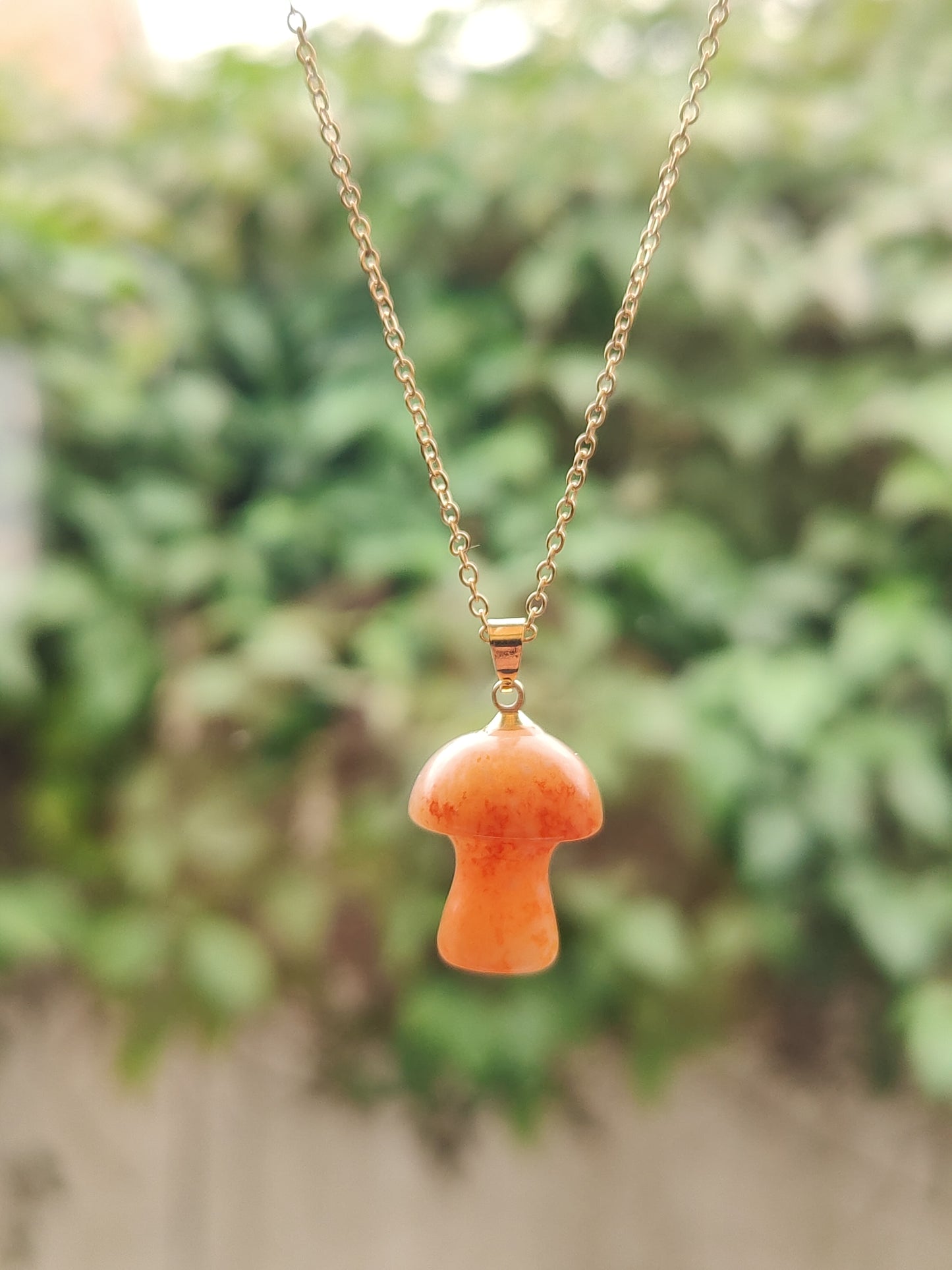 Gold Chain Jade Rhodonite Polished Mushroom Natural Crystal Stone Necklace Pendant Funky Cute Polished Chakra Stone