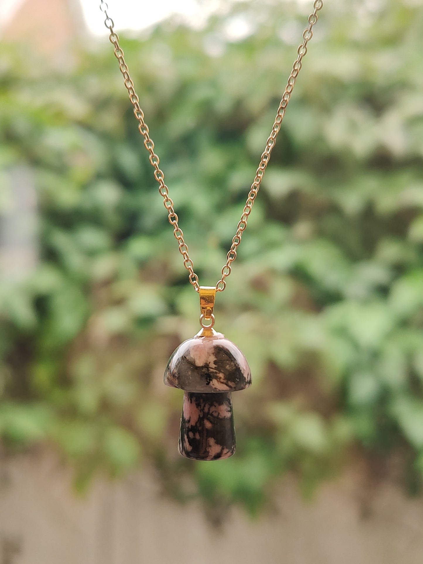 Gold Chain Jade Rhodonite Polished Mushroom Natural Crystal Stone Necklace Pendant Funky Cute Polished Chakra Stone