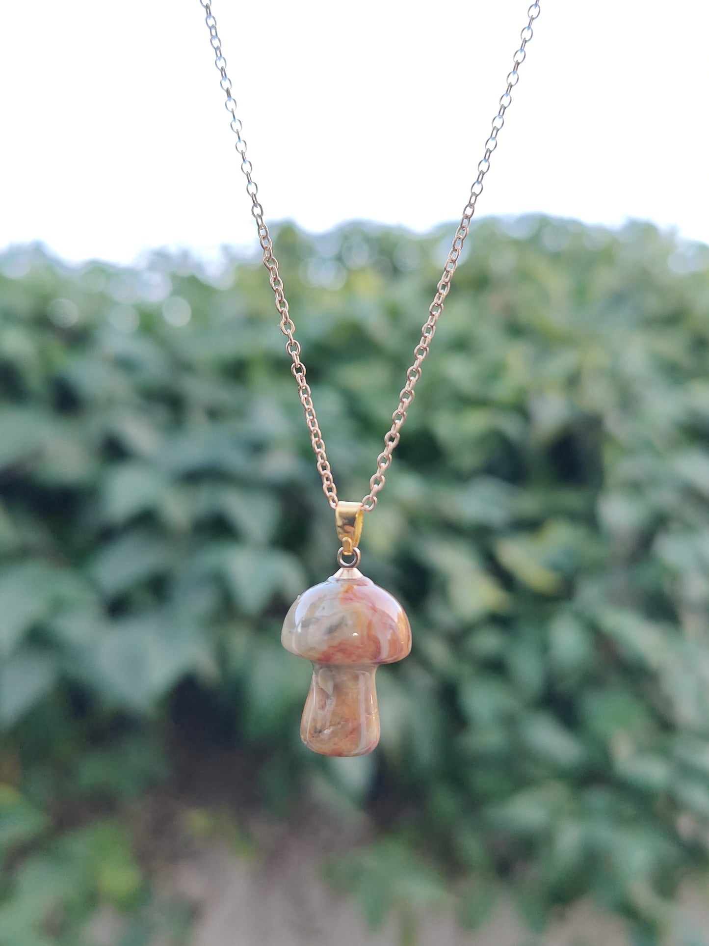 Gold Chain Jade Rhodonite Polished Mushroom Natural Crystal Stone Necklace Pendant Funky Cute Polished Chakra Stone