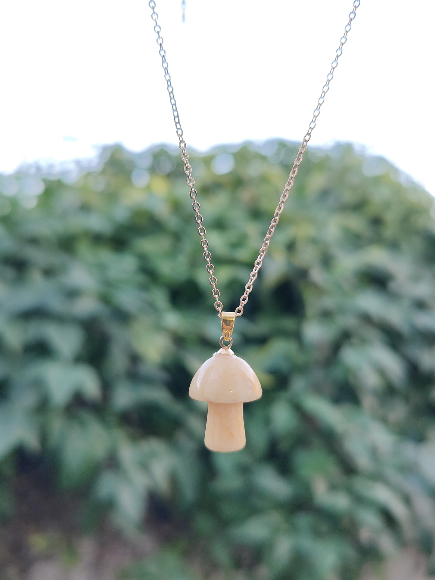 Gold Chain Jade Rhodonite Polished Mushroom Natural Crystal Stone Necklace Pendant Funky Cute Polished Chakra Stone