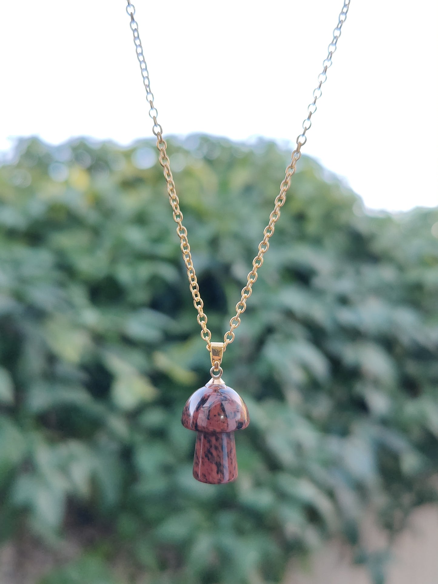 Gold Chain Jade Rhodonite Polished Mushroom Natural Crystal Stone Necklace Pendant Funky Cute Polished Chakra Stone