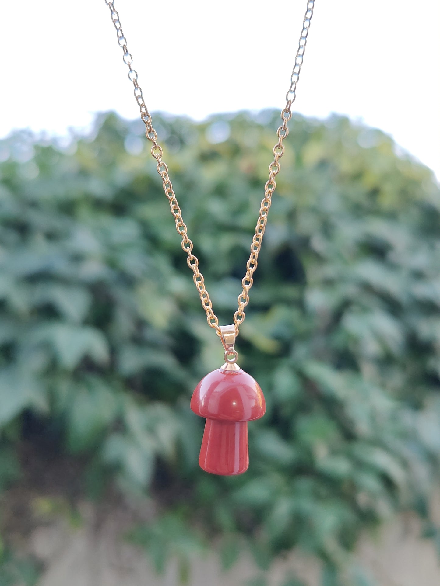 Gold Chain Jade Rhodonite Polished Mushroom Natural Crystal Stone Necklace Pendant Funky Cute Polished Chakra Stone