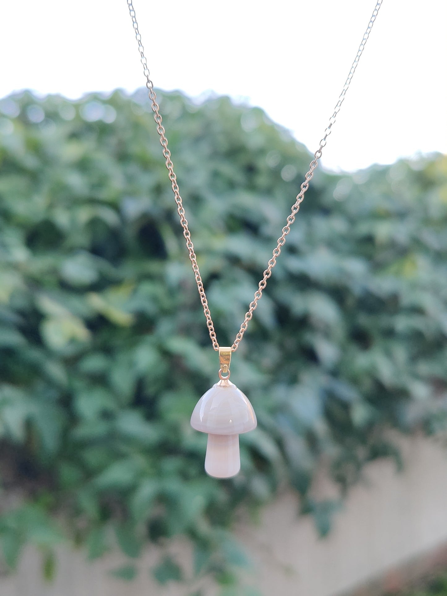 Gold Chain Jade Rhodonite Polished Mushroom Natural Crystal Stone Necklace Pendant Funky Cute Polished Chakra Stone