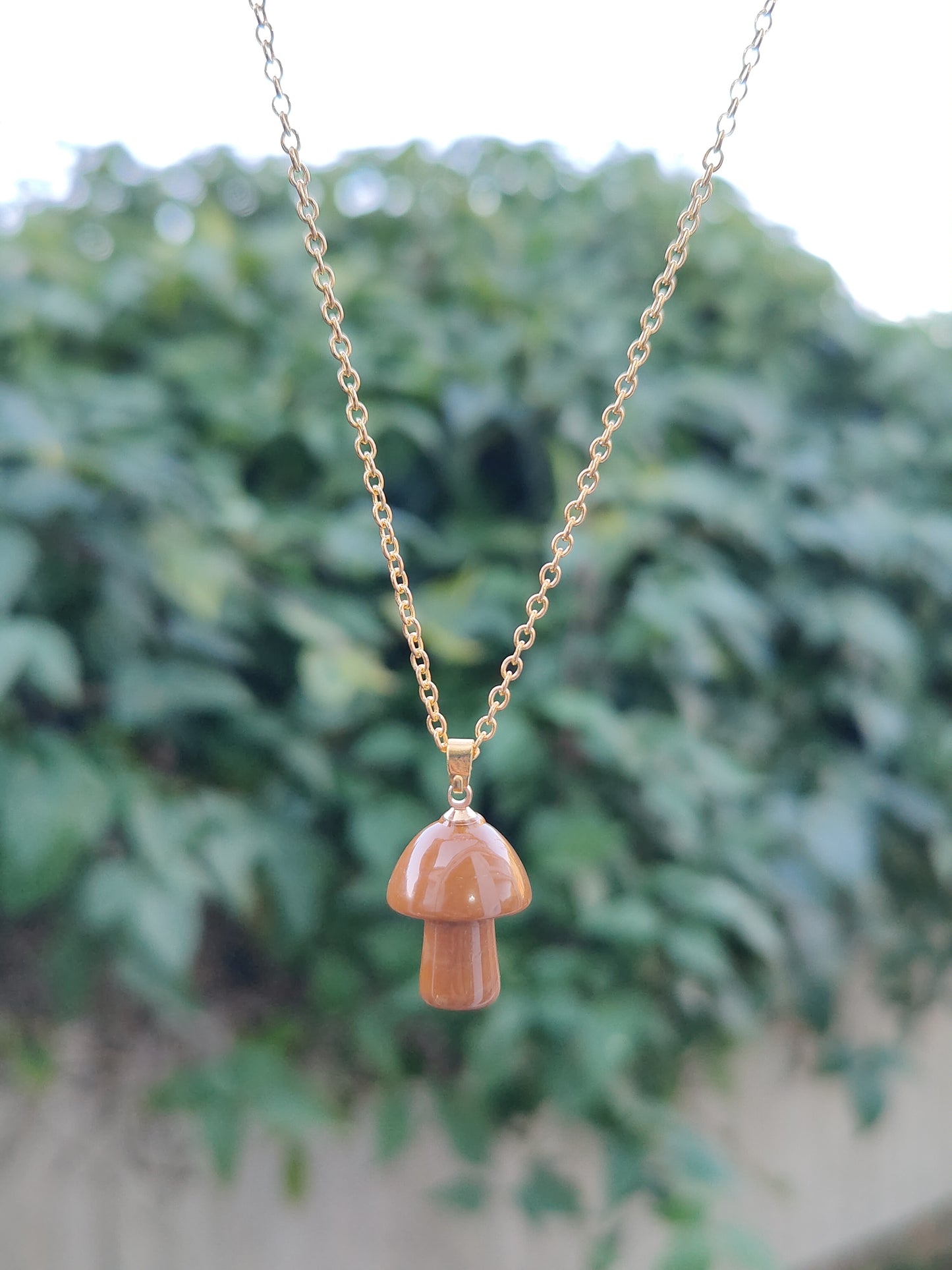 Gold Chain Jade Rhodonite Polished Mushroom Natural Crystal Stone Necklace Pendant Funky Cute Polished Chakra Stone