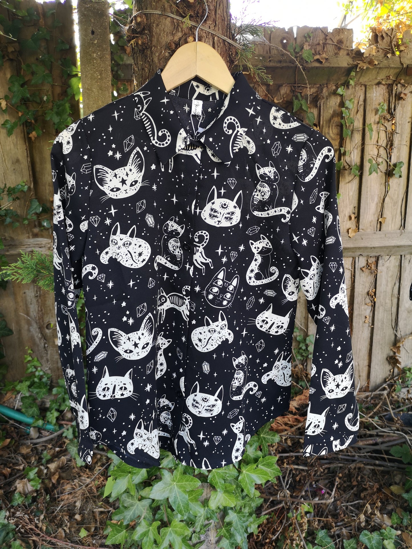 Long Sleeves Chic Spaces Cat Shirt Cats CHIFFON Dancing Cats Prints Shirt BLOUSE Soft UK