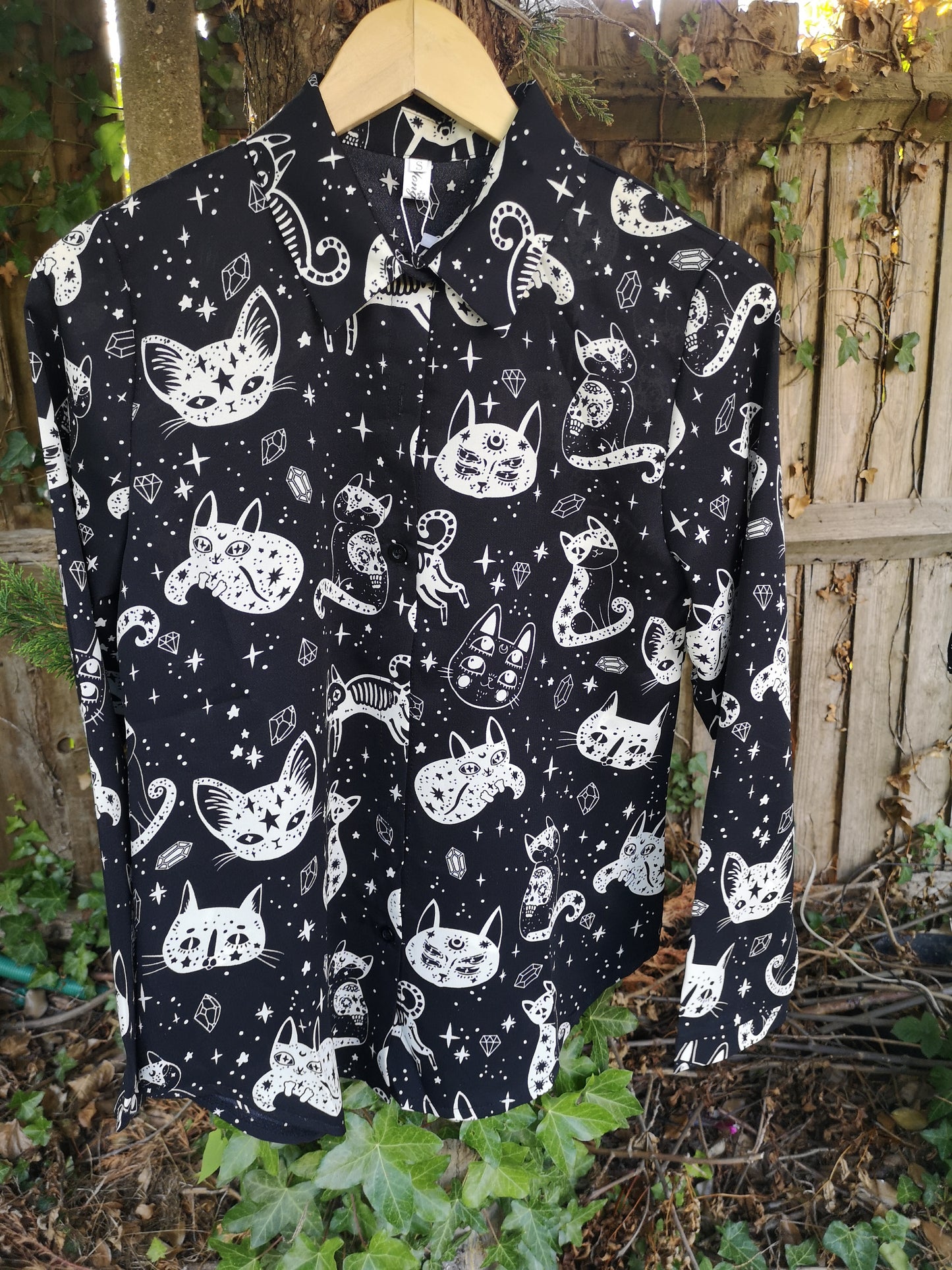 Long Sleeves Chic Spaces Cat Shirt Cats CHIFFON Dancing Cats Prints Shirt BLOUSE Soft UK