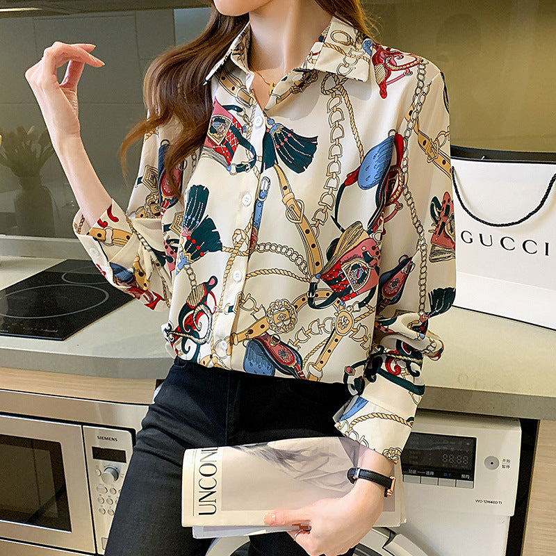 Cream Chain Motif Prints Vintage Style Satin Soft Silky Shirt