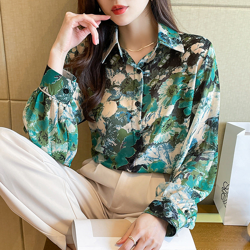 Green Turquoise Floral Print Flowers Vintage Style Satin Soft Silky Shirt