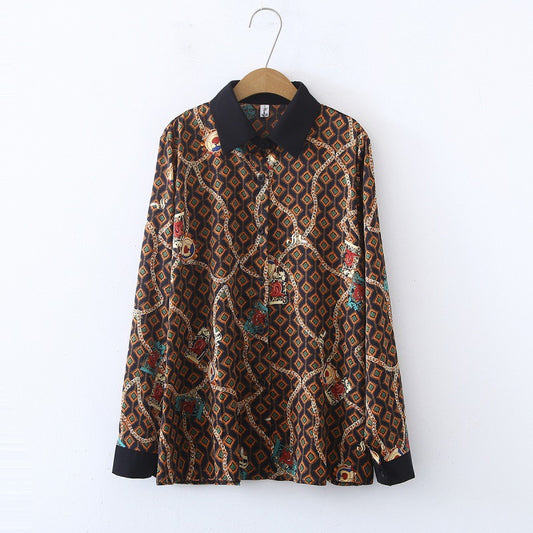 Brown Chain Motif Print Flowers Vintage Style Satin Soft Silky Shirt